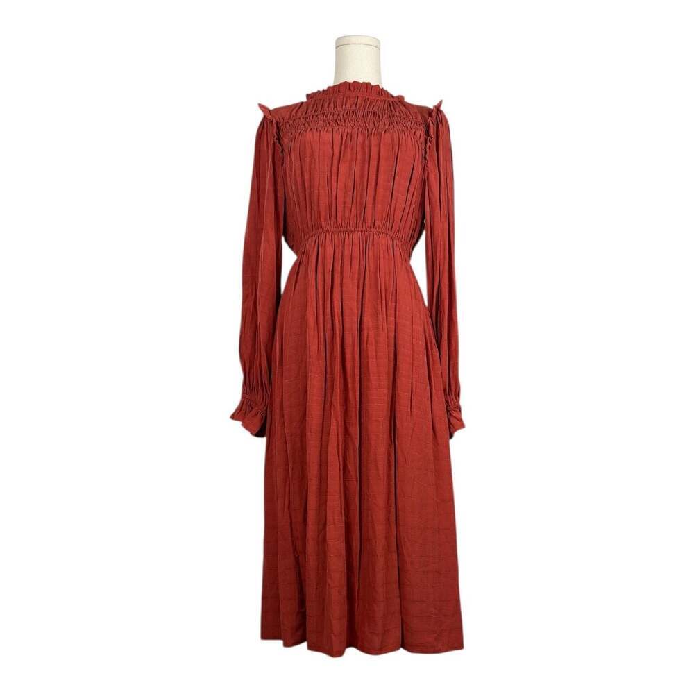 Rust Red Mock Neck Smocked Bodice Pleated Midi Dress Sz. S NWOT